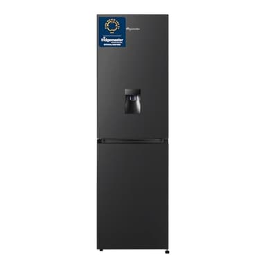 Fridgemaster MC55251DEB 55cm Freestanding 256 litre 50/50 Fridge Freezer with Non-plumbed Water Dispenser - Frost Free - LED Lighting- 4 Star Freezer Rating -Black - E Rated, H182.4 x W55 x D55.7 (cm)