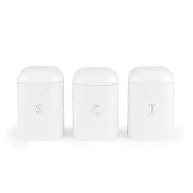 Salter Boston 3-Piece Canister Set – Tea, Coffee, Sugar Tins, Embossed Lettering, Durable Steel, Long-Lasting Freshness, Stylish Kitchen Food Storage Tins, Easy-Open Lids, Ice White Shimmer Finish
