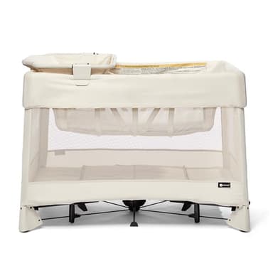 4moms Breeze Plus Portable Playard with Removable Bassinet and Baby Changing Station, Easy One-Handed Setup, Birch