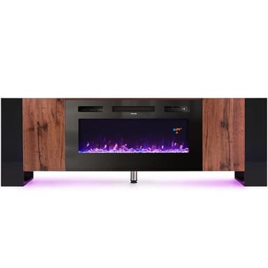 Warmiehomy Electric Fire Insert TV Stand, 78" TV Unit with Fireplace Built in, 12 Colors Moon Light & 12 Flame Effect Support, Remote Control & Overheat Protection, Brown