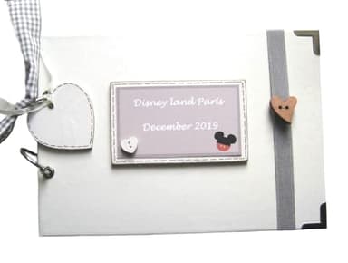 PERSONALISED A5 OR A4 SIZE PHOTO ALBUM, SCRAPBOOK, MEMORY, GUEST BOOK, MULTI USE GIFT. DISNEYLAND. with elastic book strap