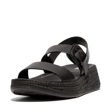 FitFlop Women's F-Mode Espadrille Buckle Leather Flatform Sandals Wedge, Black, 5 UK