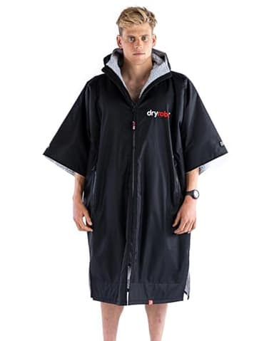 Dryrobe® Advance Short Sleeve Waterproof Changing Robe - Oversized Swim Parka Coat with Fleece Lining - Hooded Jacket for Beach, Cold Water Wild Swimming, Surfing - Adult Small - Black Grey