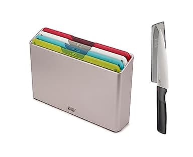 Joseph Joseph Folio Icon, 4-Piece Colour coded Chopping Board Set, Slimline Case for Organised Kitchen Storage with Chef's Knife- Regular, White
