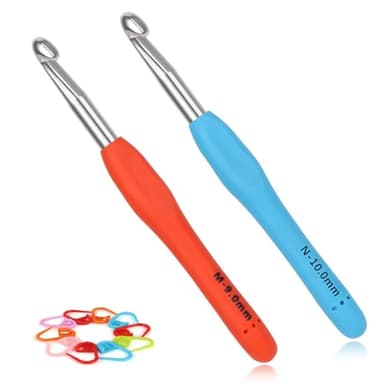 Reessy Crochet Hooks Set, 9.0 mm & 10.0mm Ergonomic Crochet Hook Set with Soft Rubber Grip for Arthritic Hands, Ideal Crochet Tool with Stitch Markers for Beginners and Experienced Crochet Lovers