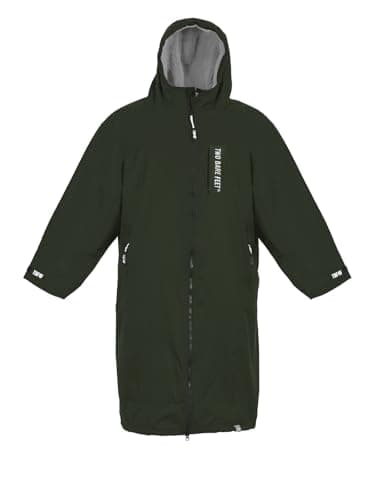 Two Bare Feet Waterproof Long Sleeve Changing Robe with Hood & Changing Mat, Sherpa Fleece Lining, Windproof, Warm, for Watersports, Swimming, Surfing, SUP (Large, Khaki/Grey)