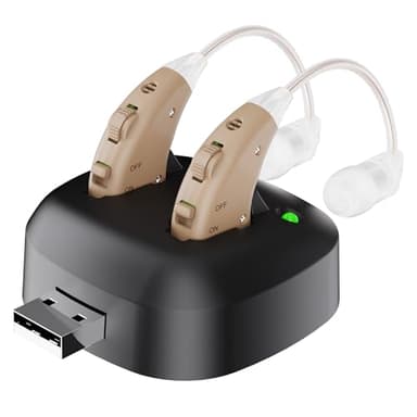 Rechargeable Digital Hearing Amplifiers (Pair) - Ultra-Clear Personal Sound Amplifier for Seniors, Noise-Reducing Behind-the-Ear Audio Enhancers with One-Touch Volume Control & USB Charging Dock