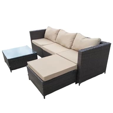 COZYBRITE Garden Furniture Rattan Corner Sofa Set with Glass Coffee Table Ottoman for Patio Outdoor Lounge All-weather SFS066 (Mix Dark Natrual Brown+Brown Cushion)
