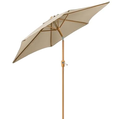 CHRISTOW 2.4m Tilting Garden Parasol with Crank Handle, 38mm Steel Pole, Wood Effect Finish, Outdoor Sunshade Umbrella, Heavy Duty Polyester, UV30+ Sun Protection, Water Resistant, Air Vent (Taupe)
