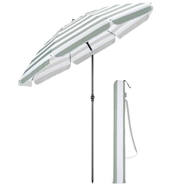 CHRISTOW Beach Umbrella Portable Tilting Parasol Sun Shade with UV Protection and Bag 2m (Sage and White Striped)