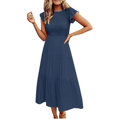 Dresses for Women UK Party Wear Curve Casual Maxi Ruffle Sleeve Dress Crew Neck Elastic Waist Tiered Long Ladies Dresses Solid Color Bohemian Dress for Home Vacation Beach Wedding
