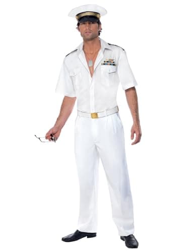 Smiffys Top Gun Captain Costume, Adults White Shirt, Trousers & Hat, Official License Outfit with Top Gun Badges, Pocket Details & Working Buttons, Official Top Gun Halloween Fancy Dress