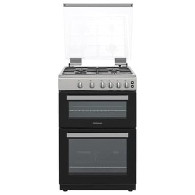 Statesman GDL60S Double Oven Gas Cooker with Glass Lid & Closed Door Grilling, 4 Gas Burners, 60cm Wide, Silver