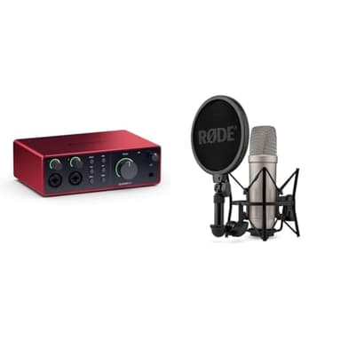 Focusrite Scarlett 4i4 4th Gen USB Audio Interface, for Musicians & RØDE NT1 5th Generation Large-diaphragm Studio Condenser Microphone with XLR and USB Outputs, Shock Mount and Pop Filter