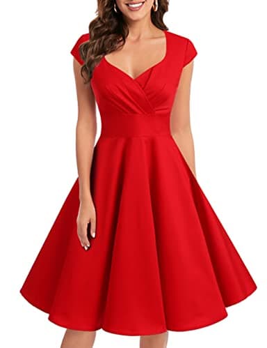 bbonlinedress Women's 50s 60s A Line Rockabilly Dress Cap Sleeve Vintage Swing Party Dress Red XS