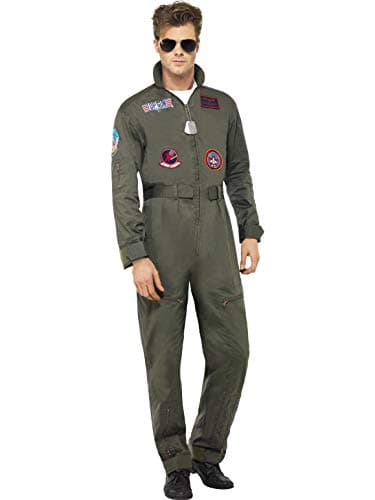 Smiffys Top Gun Deluxe Men's Costume, Top Gun Full Costume Adult Green Jumpsuit, Dog Tags & Sunglasses, Official License Outfit, Official Top Gun Halloween Fancy Dress
