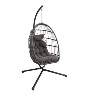Egg Chair Garden Swing Seat Rattan Foldable Hanging Hammock with Cushions Stand UV Resistant Outdoor Indoor Furniture (Dark Grey)