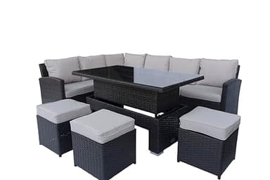 SHATCHI Rattan Garden Furniture Set with Rising Table 8 Seater – Outdoor Corner Sofa Dining Set with Adjustable Table and Footstools – Steel Frame Patio Set with Cushions – Brown Wicker