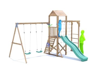 Dunster House Climbing Frame with Double Swing, High Platform, Monkey Bars, Cargo Net & Slide SquirrelFort