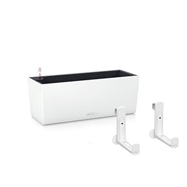 Lechuza Self Watering Pot BALCONERA Color 50 White Plastic Balcony Planter for Railing H19 L50 W19 cm Bundle with White Balcony Brackets
