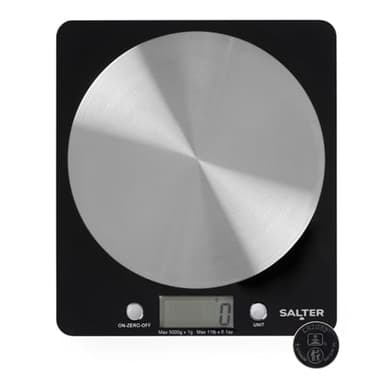 Salter Digital Kitchen Scale – Cooking & Baking Scales for Food Weight, Stainless Steel Weighing Platform, 5KG Capacity, Tare Function, Large LCD Easy Read Display, Measure Liquids, Black