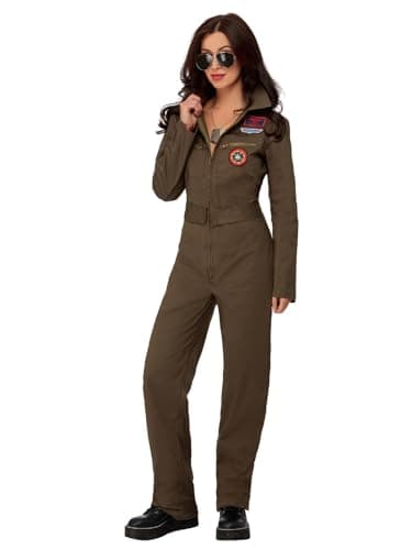 Smiffys Top Gun Ladies Costume, Adults Khaki Jumpsuit, Official Top Gun License Outfit with Applique Iconic Badges, Gathered Back for Comfort & Fit, Official Top Gun Halloween Fancy Dress