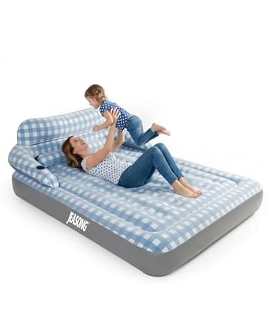 JEASONG Blow Up Mattress King Size Inflatable Mattress with Headboard, 3 Mins Fast Inflation Air Bed, Air Mattress Double Blow Up Bed with Flocked Surface for Camping, Guest, Festivals, 203x152x23cm