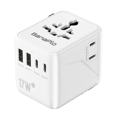 Banaplo Universal Travel Adapter, Worldwide Travel Plug Adapter with Extra US Socket, 2 USB-C and 2 USB-A Ports, All in One International Travel Adapter for UK, EU, USA, Australia etc.