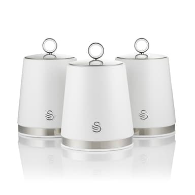 Swan Serenity Set of 3 Kitchen Storage Canisters for Tea, Coffee, and Sugar with Smooth Matte Finish and Stainless Steel Accents, 1.3L, White