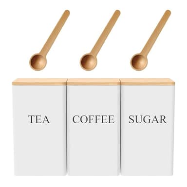 Eidoct Tea Sugar and Coffee Canisters set 1L Vintage Kitchen Canister Set tea coffee sugar 3 Piece of Metal Canister Storage Jar Container Set With With Lid & Spoon (Square white)