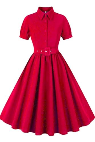 AXOE Women 1950s Vintage Tea Dress A-Line Rockabilly Style with Fixed Waist Belt Knee-Length Casual and Occasion Wear Red, UK Size 14, L
