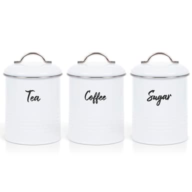 EHC Tea, Coffee, Sugar, Canister Set, Set of 3 Airtight Food Storage Easy to Open Storage Canisters Jars Tin, White