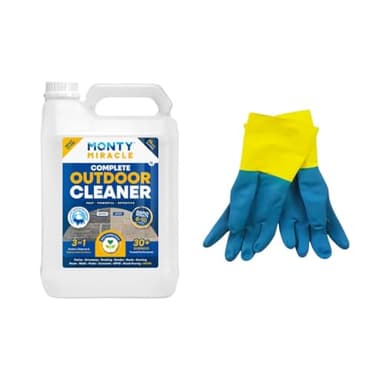 Monty Miracle® Outdoor Cleaner, 5 Litre. Clean & Rejuvenate your Patio, Decking, Fencing, Paths, Driveway, Render & More - Results in 6-10 Minutes! Slip free (5L + Monty Approved Gloves)