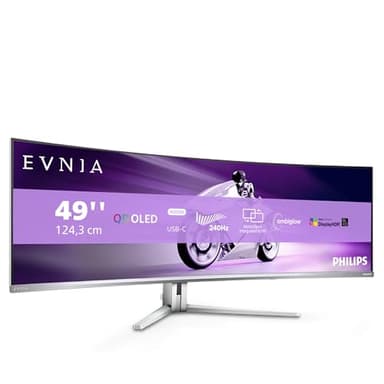 PHILIPS Evnia 49M2C8900AM - 49 inch QD OLED curved gaming monitor, 240 Hertz, 0.03ms GtG, HDR400, Ambiglow (5120x1440, HDMI 2.1, DisplayPort 1.4, USB-C, USB Hub) white