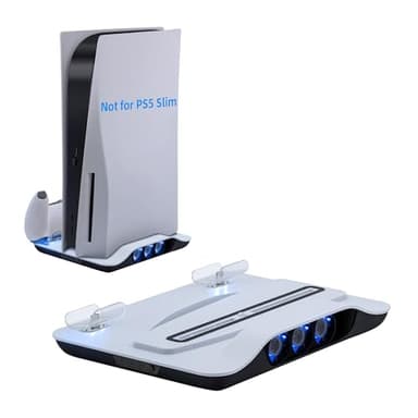 Mcbazel Vertical PS5 Console Cooling Charger Station,Multifunctional Blue Light LED Cooling Stand with Dual Fast Controller Charging Dock for Playstation 5 Console- White(Not for Slim/Pro/Ps5disc)
