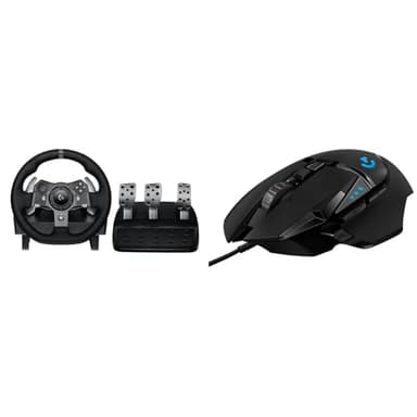 Logitech G G920 Driving Force Racing Wheel and Floor Pedals, Real Force Feedback & 02 HERO High Performance Wired Gaming Mouse, 25K Sensor, 25,600 DPI, RGB, Adjustable Weights