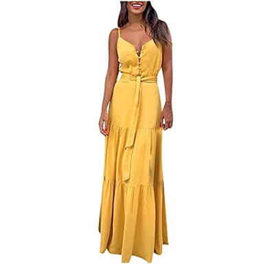 Women’s Fashion Sexy Dress Sling V-Neck Solid Buttoned Long Dress with Belt UK Size Party Elegant Dress Sale Yellow