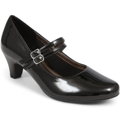 Pavers Women's Heeled Mary Janes in Black Patent - Adjustable Glossy Shoes with Double Strap - Comfortable Ladies Casual Footwear - Size UK 6 / EU 39