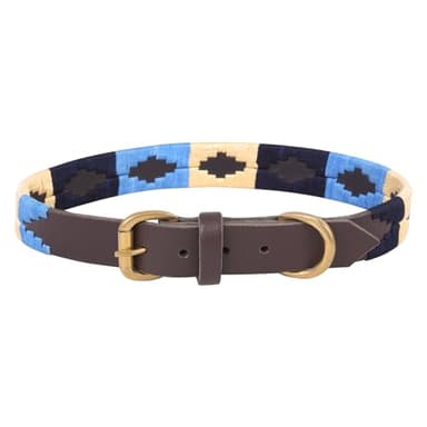 Handmade 100% Genuine Leather Polo Style Embraided Adjustable Dog Collar with Metal Buckle - Soft Padded Animal Pet Round Full Grain Heavy Duty Puppy Leash (Navy Skyblue, L)