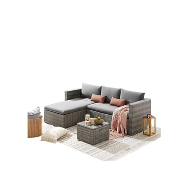 EVRE Malibu Rattan Garden Furniture Set 5 Piece 3 Seater Sofa 1 Ottoman Footstool Patio Outdoor Wicker Weave Lounge Sofa and Coffee Table (Grey)