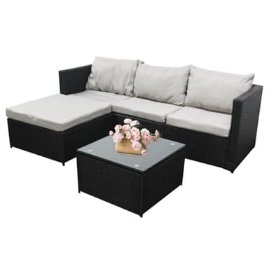 Garden Corner Sofa Furniture, 4-Seater All-Weather Rattan Corner Sofa Set w/Tempered Glass Coffee Table,Ottoman - L-Shaped Patio Garden Furniture (Black Rattan+Grey Cushion)