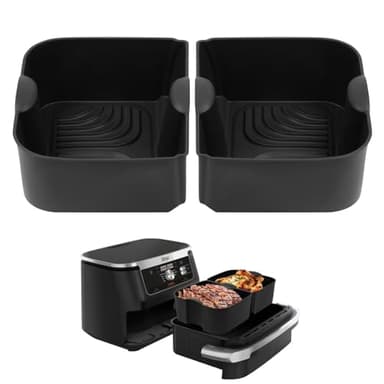 HOTUT Silicone Air Fryer Liners for Ninja Flex Drawer Air Fryer,2pcs AF500UK Air Fryer Accessories Reusable for Ninja Foodi Flexdrawer Dual Air Fryer 10.4L,2x5.2L,Silicone Air Fryer Pot Basket(Black)