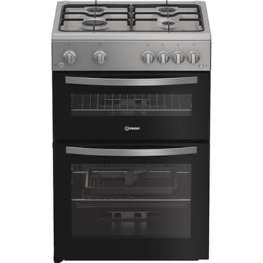 Indesit IDG6GS 60cm Gas Cooker with Double Oven & Grill, Freestanding, Silver, A+ Energy Rated, 4 Burner Hob, Easy Clean Enamel, Flame Failure Safety Device – Fast, Efficient Cooking