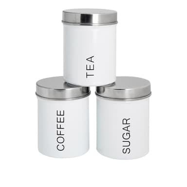 Harbour Housewares Metal Tea Coffee Sugar Canisters - White - 3pc Set - Retro Kitchen Storage Loose Tea Coffee Beans Granulated Sugar Airtight Container Food Preserve Caddy with Lid