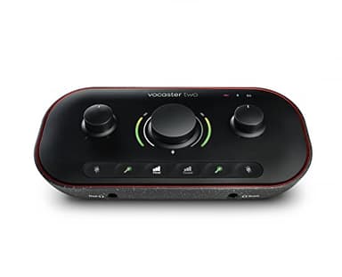 Focusrite Vocaster Two — Podcasting Interface for Recording Host and Guest. Two Mic Inputs and Two Head-phone Outputs, with Auto Gain, Enhance, and Mute. Small, Lightweight, and Powered by Computer.