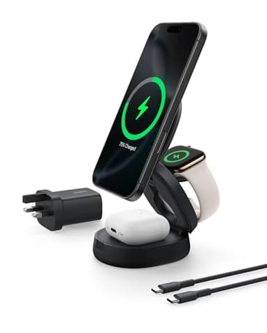 Belkin MagSafe-Compatible Charger, 3-in-1 Convertible Wireless Charging Station, Qi2-Certified 15W for iPhone 16, 15, 14, Apple Watch, AirPods with Non-Slip Base, 36W Plug Included- Black