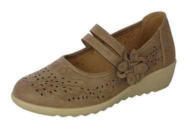 Cushion Walk EEE Extra-Wide Fit Women's Ladies Lightweight Faux Leather Mary Jane Low Wedge Bar Shoes (7 UK EEE, Beige)