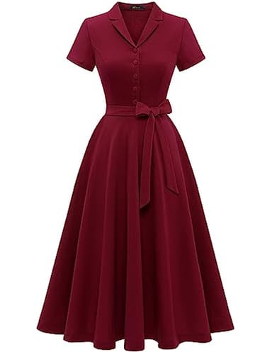 WedTrend Women's Burgundy 1950s Vintage A-Line Midi Dress, S, V-Neck, High Waist, Short Sleeve, Removable Belt, Bow, Adult Women, Formal Occasion, Retro Style, Size S