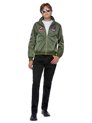 Smiffys Top Gun Maverick Bomber Jacket, Adults Green Jacket with Applique Badges, Official License Outfit, Faux Leather, Official Top Gun Halloween Fancy Dress
