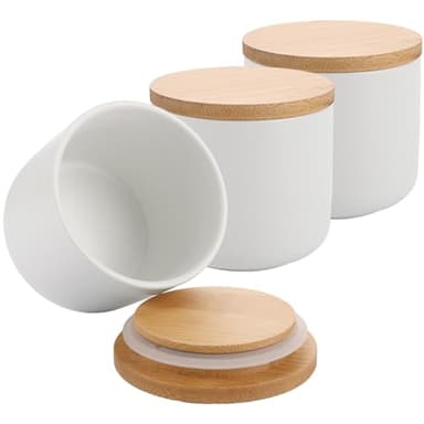 MEIDIV Set of 3 260ML Tea Sugar Coffee Canisters White, Small Ceramic Tea Coffee Sugar Containers, Kitchen Storage Containers with Bamboo Lid